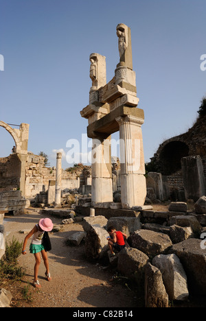 Ephesus, Domitian Square, remaining columns and marble carvings of the Fountain and Temple of Domitian, Ephesus, Turkey