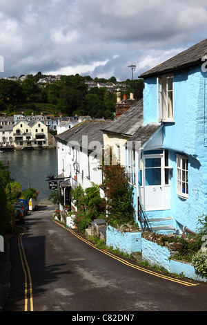 Quaint blue cottage, River Fowey in background , Bodinnick , Fowey , Cornwall , England Stock Photo