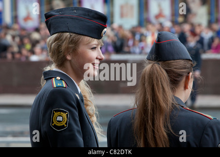 Two female police cadets on Victory Day at Tverskaya Street in Moscow, Russia Stock Photo