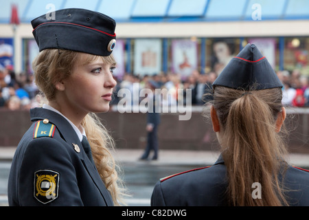 Two female police cadets on Victory Day at Tverskaya Street in Moscow, Russia Stock Photo