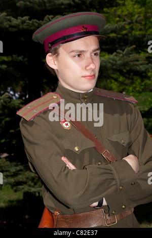 Young man in Red Army uniform during Victory Day celebrations at Victory Park in Moscow, Russia Stock Photo