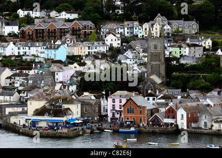 View across River Fowey from Hall Walk to Fowey, St Finbarr church tower on R of image , Cornwall , England Stock Photo