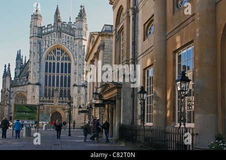The entrance to The Roman Baths and Pump Rooms in the Abbey Churchyard, Bath, N.E. Somerset, England, UK Stock Photo