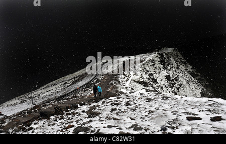 TOURISTS ARE CAUGHT OUT BY A SUMMER BLIZZARD AT THE SUMMIT OF MOUNT SNOWDON, WALES Stock Photo