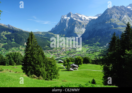 Grindelwald valley with Wetterhorn mountain at rear Stock Photo