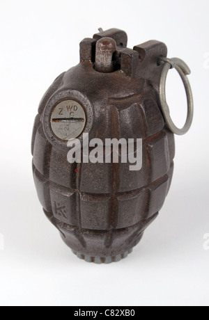 WWII British No36 Mills fragmentation defensive hand grenade. Stock Photo
