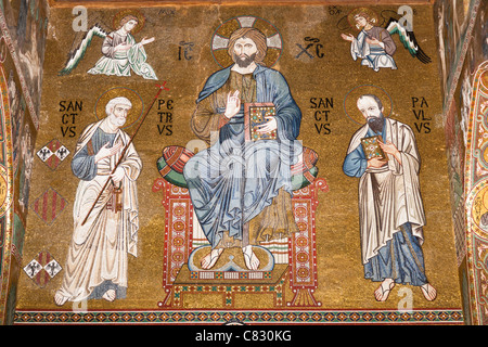 Jesus Christ, St Peter and St Paul mosaic, Cappella Palatina, Palazzo dei Normanni, Palermo, Sicily, Italy Stock Photo