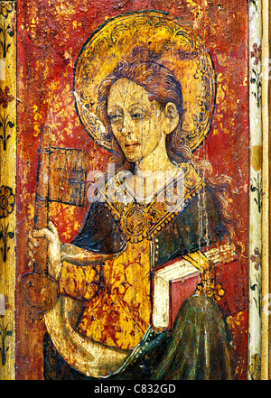 North Elmham, Norfolk, Rood screen, St. Petronella, holding Key to Gates of Heaven, English medieval screens painting paintings Stock Photo