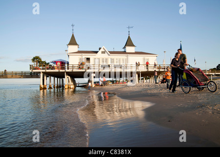 the Seebruecke or Pier at the baltic beach of the seaside resort Ahlbeck, Usedom island, Mecklenburg-Vorpommern, Germany Stock Photo