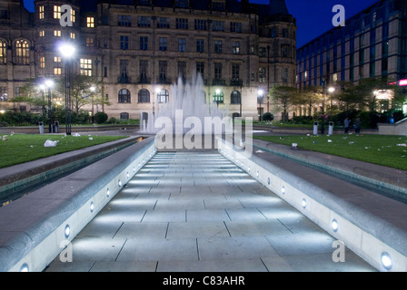 Peace Gardens at Night with Goodwin Fountain and Town Hall, Sheffield City Centre, UK Stock Photo