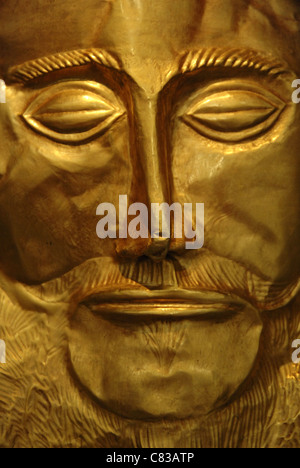 Mycenaean art. Greece. Funerary Mask of Agamemnon in gold foil embossing. Tomb V, Circle A at Mycenae. Stock Photo