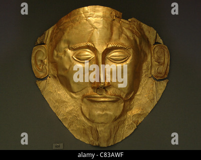 Mycenaean art. Greece. Funerary Mask of Agamemnon in gold foil embossing. Tomb V, Circle A at Mycenae. Stock Photo