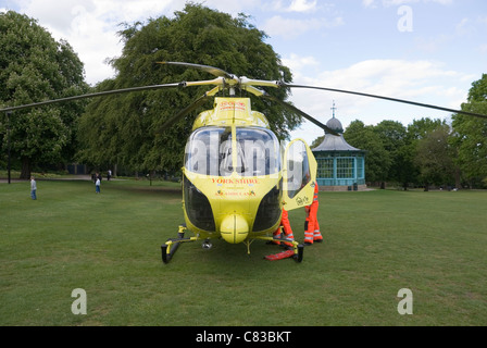 Helicopter in Weston Park; situated near the Children's Hospital, the Park is used as a landing pad by Sheffield Air Ambulance Stock Photo