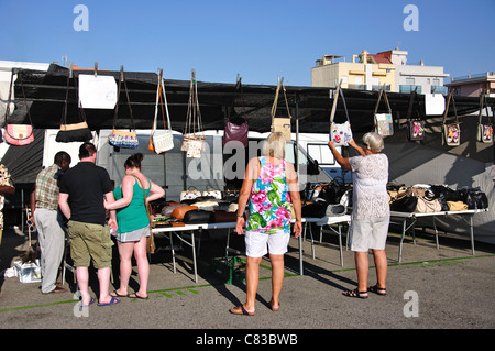 Handbag stall at Bonavista Sunday Market, Bonavista, near Salou, Costa Daurada, Province of Tarragona, Catalonia, Spain Stock Photo