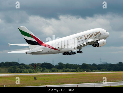 Emirates Airline Airbus A380-861 Airliner Taking Off at Manchester International Airport England United Kingdom UK Stock Photo