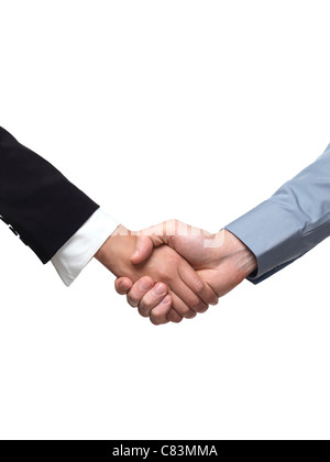 Businessman and businesswoman shaking hands. Isolated on white background. Contains clipping path. Stock Photo