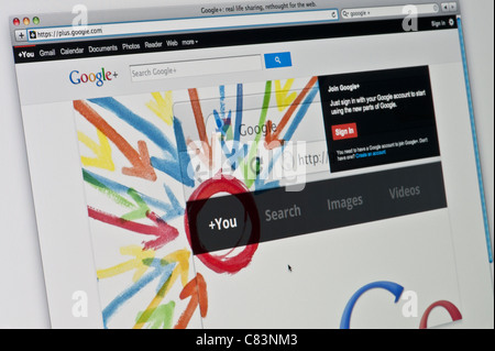 Close up of the Google+ homepage as seen on its website. (Editorial use only: print, TV, e-book and editorial website). Stock Photo