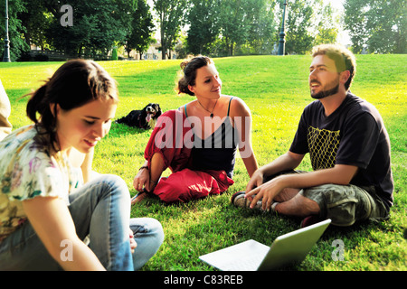 Friends using laptop in grass in park Stock Photo
