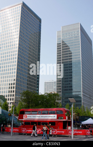 Virgin Money Bus at the 2011 London Marathon in Montgomery Square in Canary Wharf Stock Photo