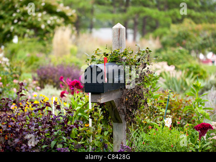 Traditional mail box in a bed of dense flowers with its red flag raised Stock Photo