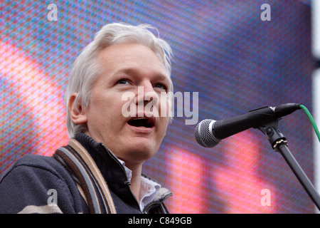 Wikileaks founder Julian Assange addresses the Anti War Mass Assembly on the 10th anniversary of the invasion of Afghanistan Stock Photo