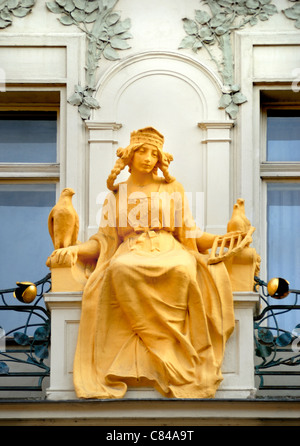 Prague Art Nouveau woman nude sculpture on New Town Hall by Josef