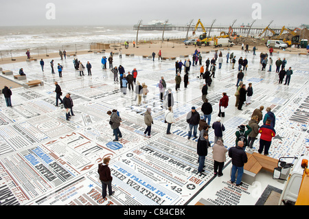 BLACKPOOL, UK, MON 10TH OCT, 2011. The Blackpool Comedy Carpet opens on the beachside resort's promenade. The piece, created by artist Gordon Young, features 1000s of catchphrases from comedians who have performed in Blackpool over the years. Stock Photo