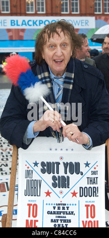 BLACKPOOL, UK, MON 10TH OCT, 2011     Comedian Ken Dodd opens the Blackpool Comedy Carpet on the resort's promenade.  The piece, created by artist Gordon Young, features 1000s of catchphrases from comedians who have performed in Blackpool over the years. Stock Photo