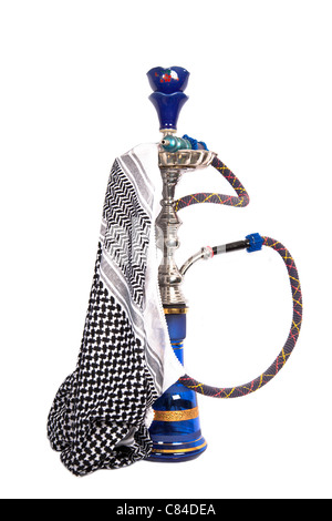 Blue and silver arabic waterpipe with arabic kerchief isolated on white Stock Photo