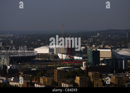 an aerial view over East London, including the development of the stadium and buildings holding various olympic events Stock Photo