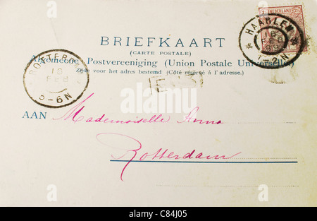 European postcard with stamp and postmarks 1899 and adressed to a simply  a Mademoiselle Anna in Rotterdam Stock Photo
