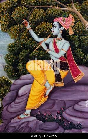 Lord Krishna depicted on an indian oil painting on canvas Stock Photo