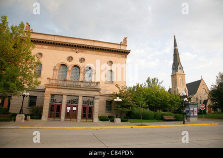 Third 3rd Street and St Pauls Lutheran Church in historic downtown Red Wing Minnesota USA Stock Photo