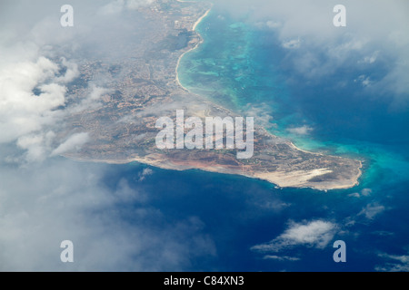 Aruba,Netherlands Lesser Leeward Antilles,ABC Islands,Dutch,Caribbean Sea,water,Arashi Bay,30,000 foot aerial view from,commercial airliner airplane p
