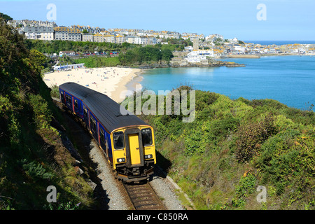 A train leaving st.ives in cornwall, uk Stock Photo