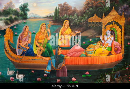 Indian oil painting on canvas of Lord Krishna and Gopi indian women on a boat. India Stock Photo