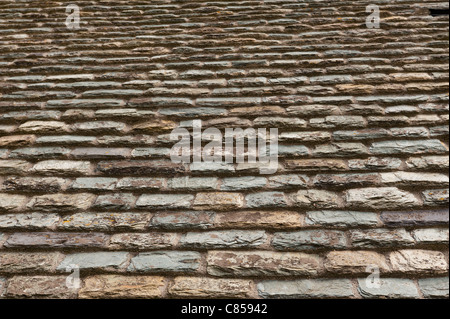 Hand made individual shale and slate roof tiles typical of old North Normandy buildings. Stock Photo