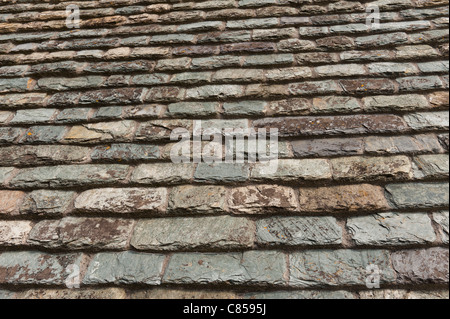 Hand made individual shale and slate roof tiles typical of old North Normandy buildings. Stock Photo