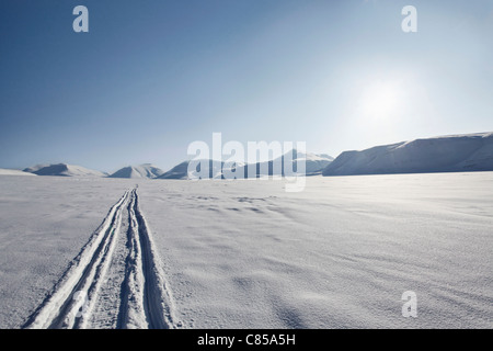 Tire tracks in snow-covered field Stock Photo