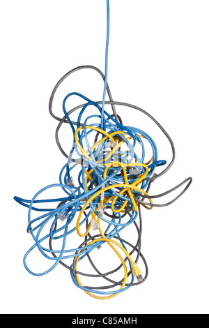 Bunch of messy tangled ethernet network cables isolated on white background Stock Photo