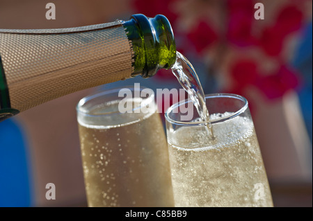 Pouring chilled glasses of sparkling champagne on sunlit terrace with colourful Bougainvillea flowers and lifestyle luxury vacation pool in background Stock Photo
