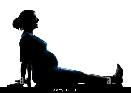 beautiful caucasian pregnant woman laughing happy in silhouette on studio isolated white background