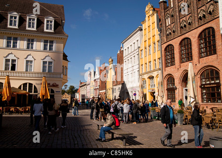 renovated buildings on the northern side of the Alter Markt old market in the Hanseatic City of Stralsund, Germany Stock Photo