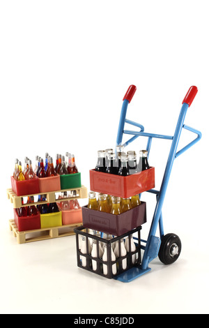 sack truck with cola, lemonade, milk and beverages stacked on euro pallets in the background Stock Photo