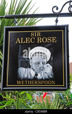 Close up of hanging sign depicting Sir Alec Rose. Stock Photo