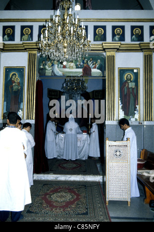 Coptic Christian mass in Deir al Muharraq, also known as the Burnt Monastery, Assuit Governorate. Egypt Stock Photo