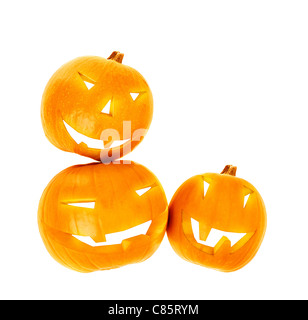 Halloween pumpkin border isolated on white background, traditional spooky jack-o-lantern, candles inside of gourd head Stock Photo