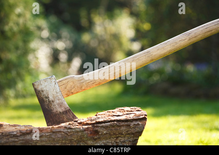 Axe for chopping wood embedded in a tree stump Stock Photo