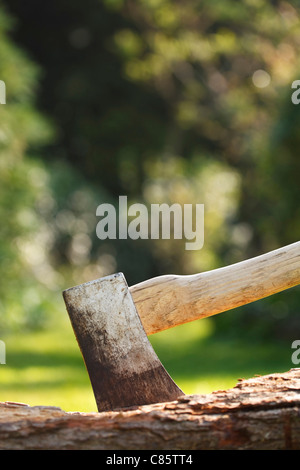 Axe for chopping wood embedded in a tree stump Stock Photo