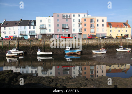 Town of St Andrews, Scotland. Picturesque view of St Andrews Harbour at low tide with Shorehead in the background. Stock Photo